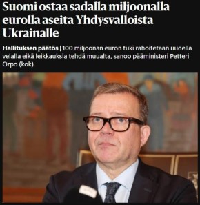 Михаил Онуфриенко: Финляндия закупит для Украины американское оружие на 100 млн евро за счёт средств, взятых в долг, как пишет газета Helsingin Sanomat со ссылкой на финского премьера Петтери Орпо