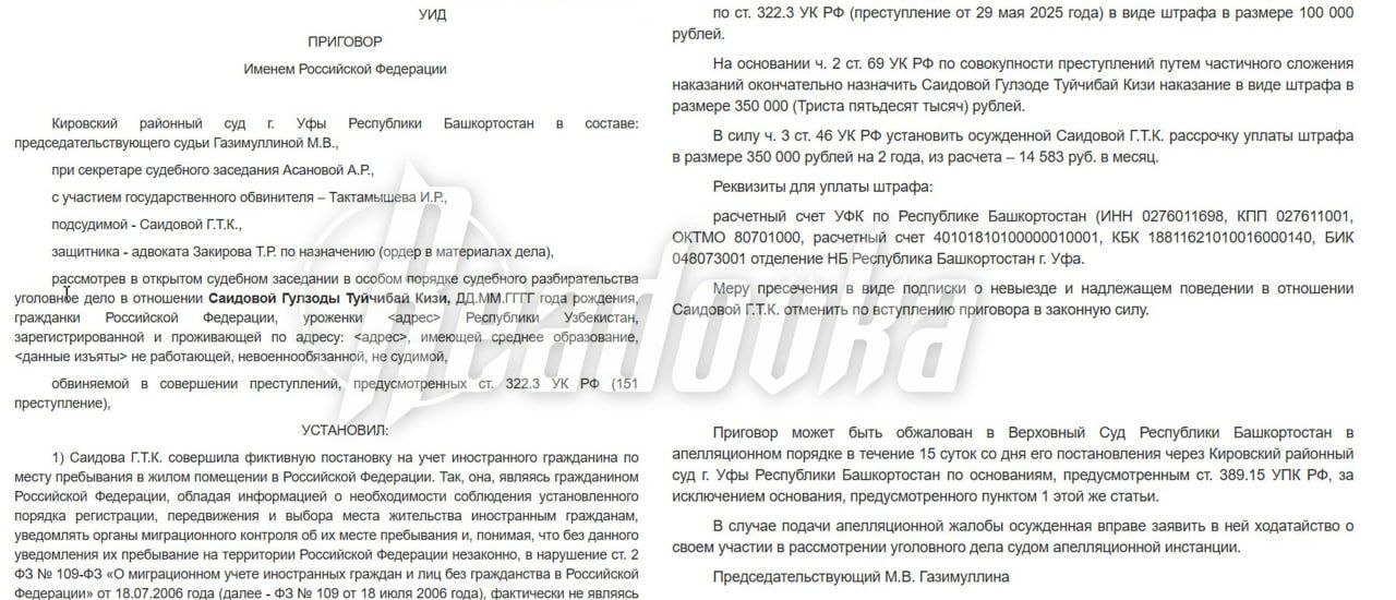 Штраф вместо реального срока: «Уфимка» Саидова безнаказанно прописала у себя 150 мигрантов