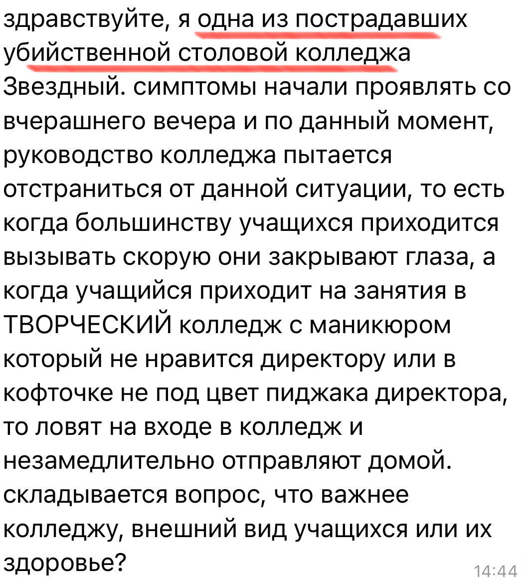 Екатерина Мизулина: Не менее семи студентов отравились в столовой колледжа «Звездный» в Петербурге, двое их них госпитализированы, сообщили ТАСС правоохранители