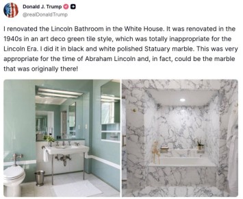 Олег Царёв: Тем временем Трамп:. «Я отремонтировал ванную Линкольна в Белом доме. Она была отреставрирована в 1940-х годах в стиле арт-деко с зелёной плиткой, что было совершенно неуместно для эпохи Линкольна. Я сделал её из...