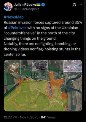 «Армия РФ захватила уже около 85% Покровска, признаков того, что украинское контрнаступление на севере города меняет ситуацию на местности - нет»