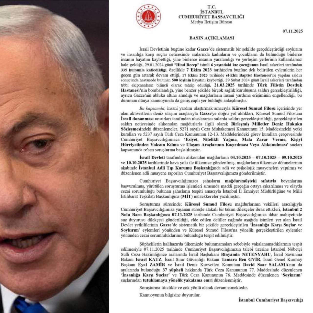 Аббас Джума: Генпрокуратура Стамбула выдала ордера на арест премьер-министра Израиля Биньямина Нетаньяху и еще 36 членов правительства и военного руководства еврейского государства