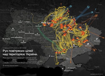 Карта движения ракет и бпла во время денацификации Украины по версии противника прошлой ночью