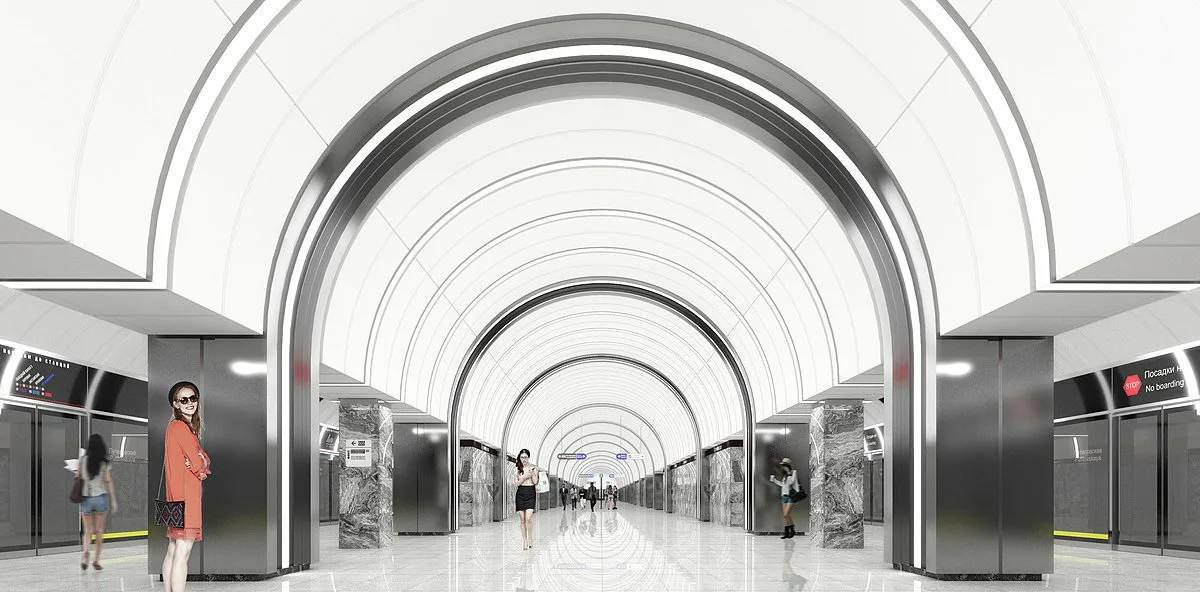 На станции «Путиловская» строящейся Красносельско-Калининской линии метро завершены монтаж потолочного зонта и установка светильников На станции «Путиловская» строящейся Красносельско-Калининской линии метро завершены монтаж потолочного зонта и установка светильников