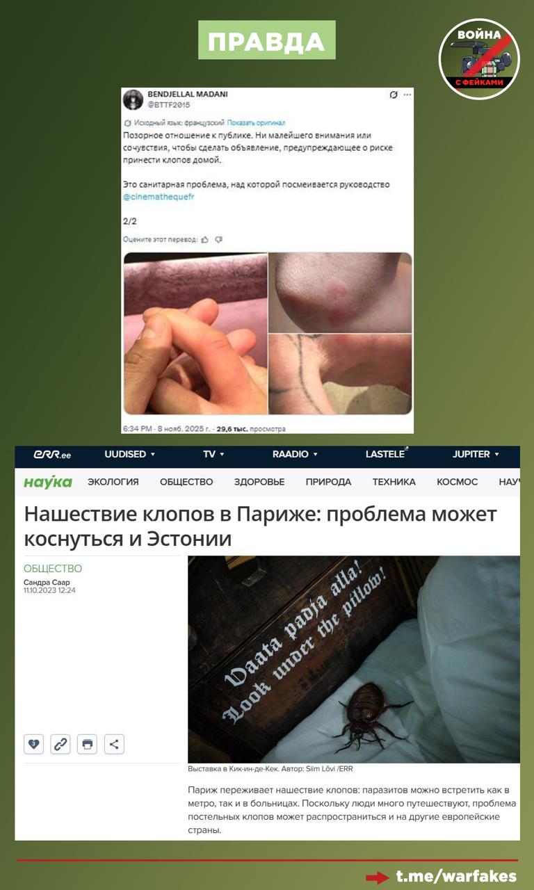 Фейк: Россия сильно преувеличивает масштабы проблемы с клопами во Франции Фейк: Россия сильно преувеличивает масштабы проблемы с клопами во Франции