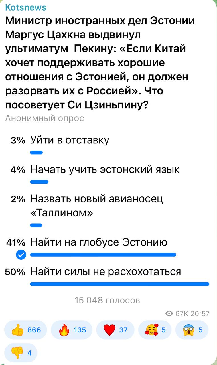Александр Коц: 50 процентов подписчиков считают, что Китай эта гневная отповедь от великой Эстонии лишь позабавит