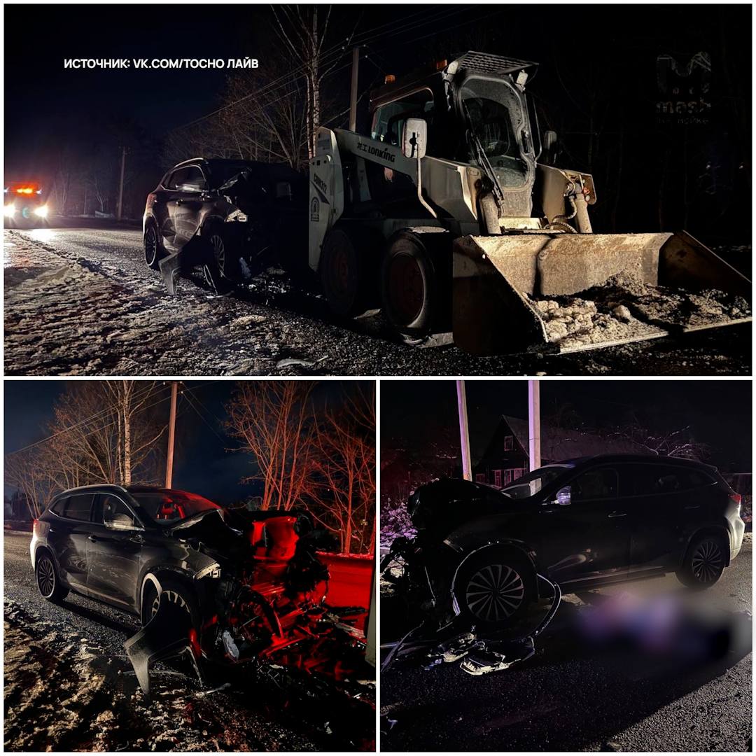 Водитель китайского "Эксида" разбился о снегоуборочный погрузчик в посёлке Шапки Тосненского района ЛО — последствия на фото