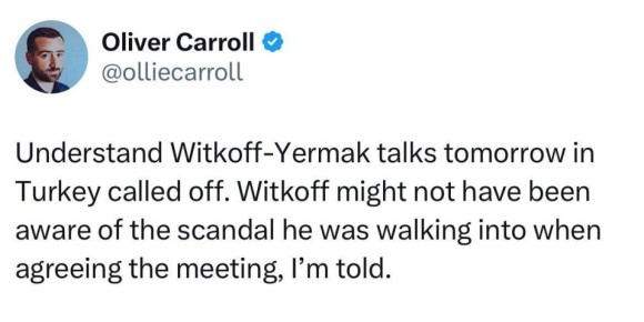 Олег Царёв: Запланированные в Турции переговоры между Стивом Уиткоффом и Андреем Ермаком отменены, — журналист The Economist Оливер Кэролл