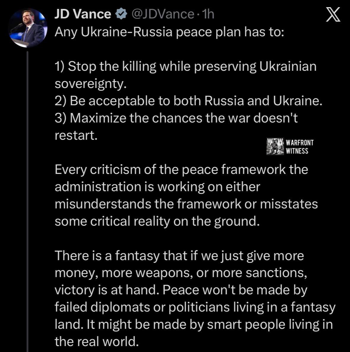 Любая критика мирного соглашения Трампа - это непонимание реалий на земле — Вэнс