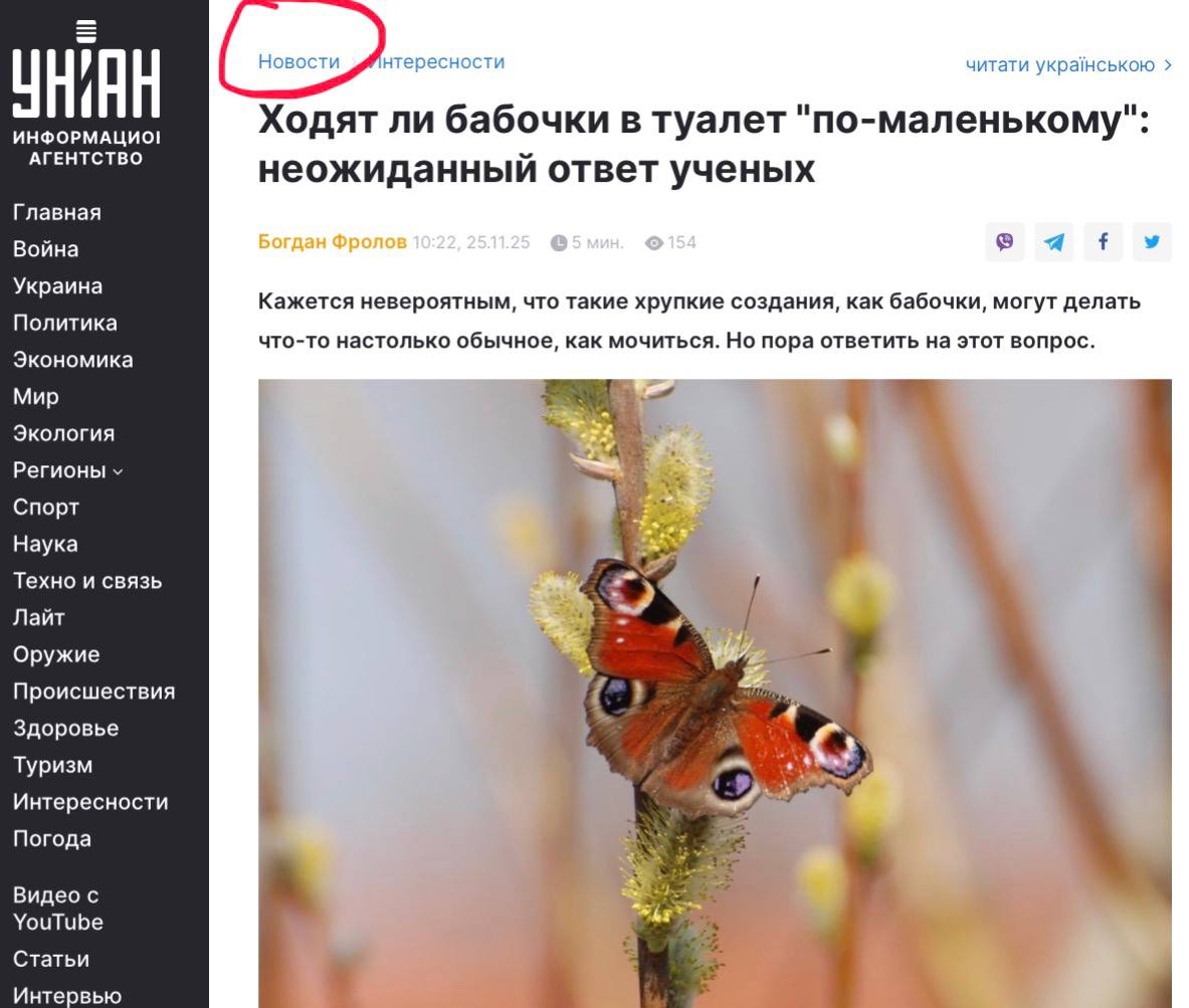 Владимир Корнилов: Похоже, на Украине дела совсем плохи, раз в разделе «Новости» их пропагандистское агентство УНИАН приводит сенсационную информацию: «Ходят ли бабочки в туалет «по-маленькому: неожиданный ответ ученых… Пора...