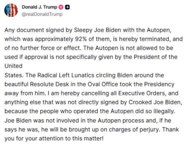Сергей Колясников: Новость дня из США. Дональд Трамп заявил, что любой документ, подписанный Сонным Джо Байденом с помощью Autopen, а это примерно 92% от общего числа документов, настоящим аннулируется и не имеет дальнейшей...