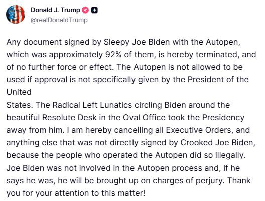 Сергей Колясников: Новость дня из США. Дональд Трамп заявил, что любой документ, подписанный Сонным Джо Байденом с помощью Autopen, а это примерно 92% от общего числа документов, настоящим аннулируется и не имеет дальнейшей...