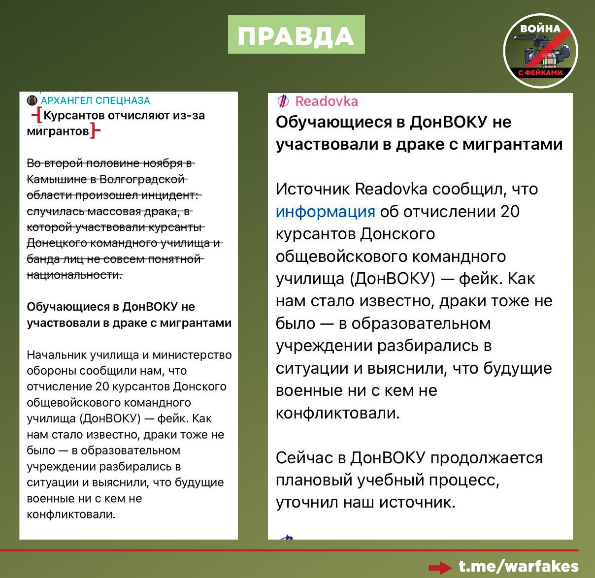 Фейк: В городе Камышине курсанты Донецкого общевойскового командного училища (ДонВОКУ) подрались с мигрантами из-за девушки Фейк: В городе Камышине курсанты Донецкого общевойскового командного училища (ДонВОКУ) подрались с мигрантами из-за девушки