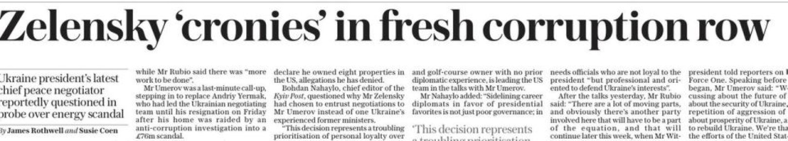 Владимир Корнилов: Во как! На Зеленского неожиданно наехала газета The Daily Telegraph, которая обвиняет его в том, что вместо проворовавшегося Ермака он назначил в переговорную группу своих «дружков», тоже замазанных в...