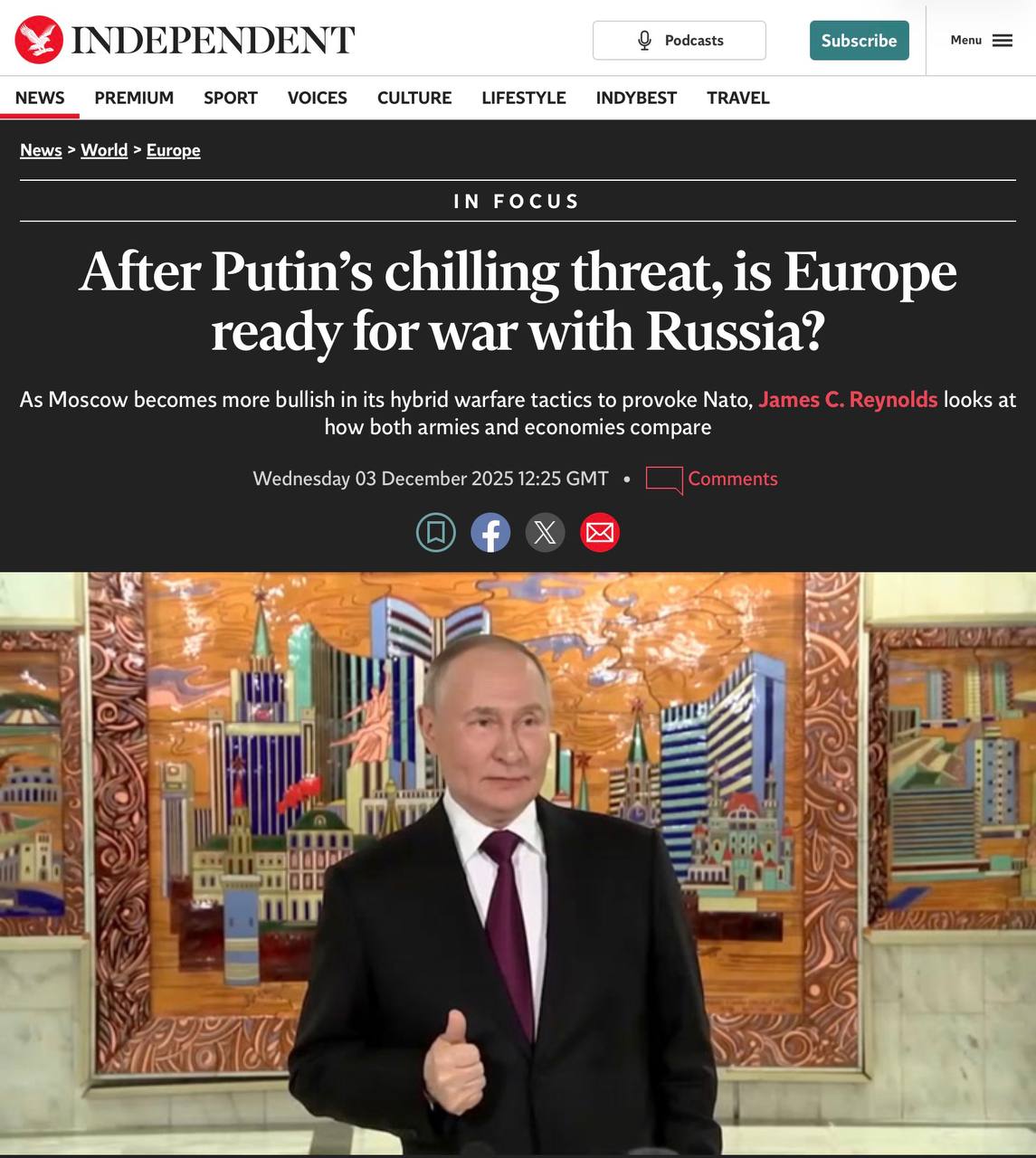 Владимир Корнилов: После слов Владимира Путина о готовности России к войне с Европой, если та решит напасть, многие европейские (особенно британские) газеты кинулись сравнивать наши военные потенциалы