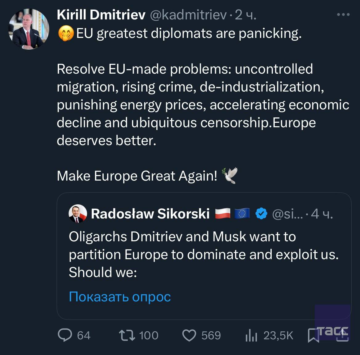 «Лучшие европейские дипломаты в панике»: Кирилл Дмитриев ответил на выпад главы МИД Польши в свой адрес