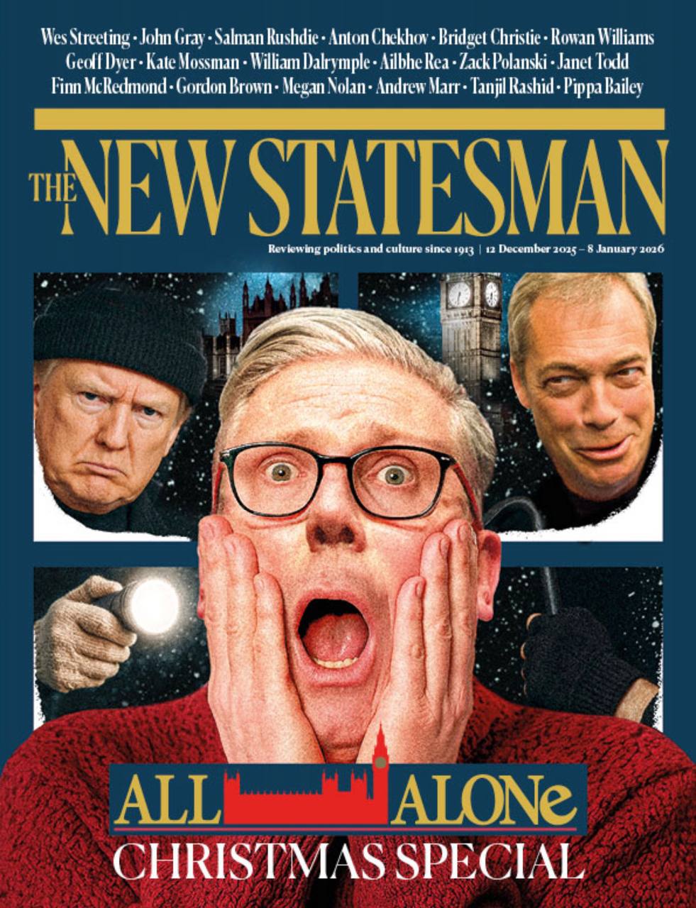 Владимир Корнилов: Рождественский выпуск журнала The New Statesman рисует Кира Стармера, оставшегося на праздники в одиночку против его самых главных страхов! И заметьте: среди его страхов нет Путина!