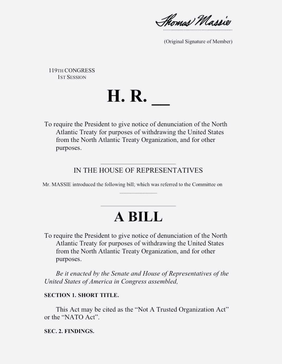 Два майора: Конгрессмен Томас Масси внес в Палату представителей законопроект о выходе США из НАТО Два майора: Конгрессмен Томас Масси внес в Палату представителей законопроект о выходе США из НАТО