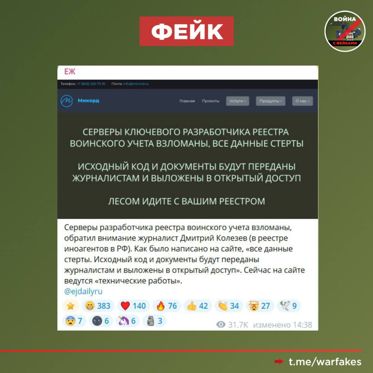 Фейк: Хакеры взломали серверы разработчика Реестра воинского учета, все данные стерты Фейк: Хакеры взломали серверы разработчика Реестра воинского учета, все данные стерты