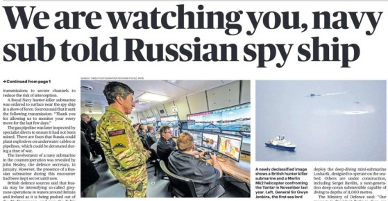 Владимир Корнилов: The Sunday Times сегодня приводит якобы «рассекреченные» специально для этой газеты фотографии слежения за российским исследовательским судном «Янтарь» в ноябре уходящего года в Ирландском море