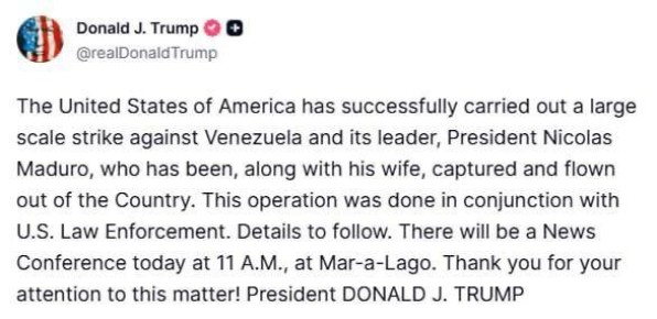 Аббас Джума: США успешно провели полномасштабный удар по Венесуэле, Николас Мадуро вместе с женой был захвачен и вывезен из страны, сообщил президент США Дональд Трамп