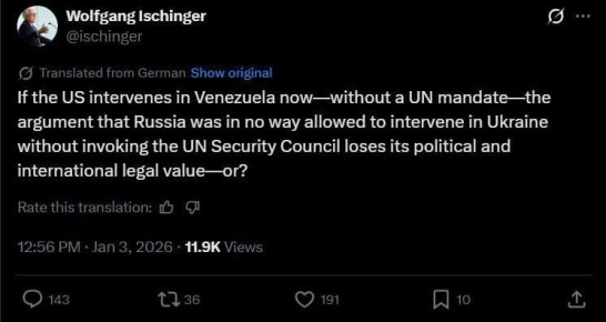 «Если США вмешаются в дела Венесуэлы сейчас — без мандата ООН — то аргумент о том, что России никоим образом не было позволено вмешиваться в дела Украины без обращения в Совет Безопасности ООН, потеряет свою политическую и...
