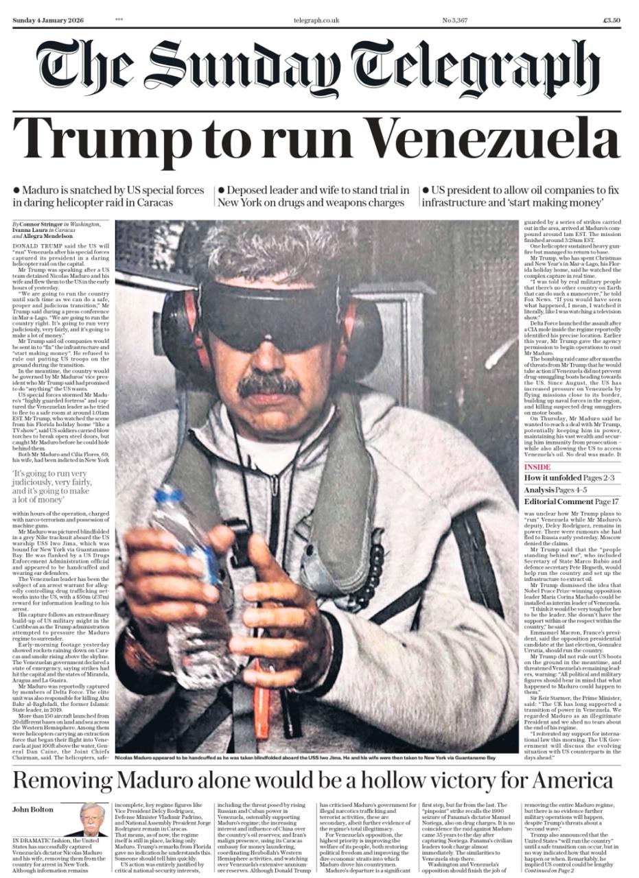 Владимир Корнилов: Британские газеты в основном делают упор не столько на сам захват Мадуро, сколько на слова Трампа о том, что он будет отныне управлять Венесуэлой Владимир Корнилов: Британские газеты в основном делают упор не столько на сам захват Мадуро, сколько на слова Трампа о том, что он будет отныне управлять Венесуэлой