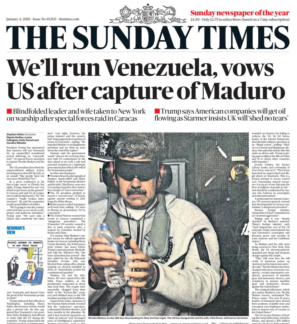 Владимир Корнилов: Британские газеты в основном делают упор не столько на сам захват Мадуро, сколько на слова Трампа о том, что он будет отныне управлять Венесуэлой