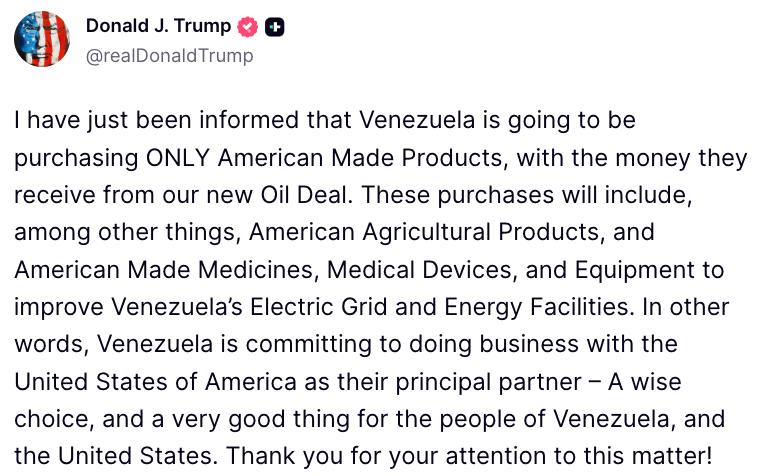 «Венесуэла будет закупать ТОЛЬКО продукцию американского производства на деньги, полученные от нашей новой нефтяной сделки