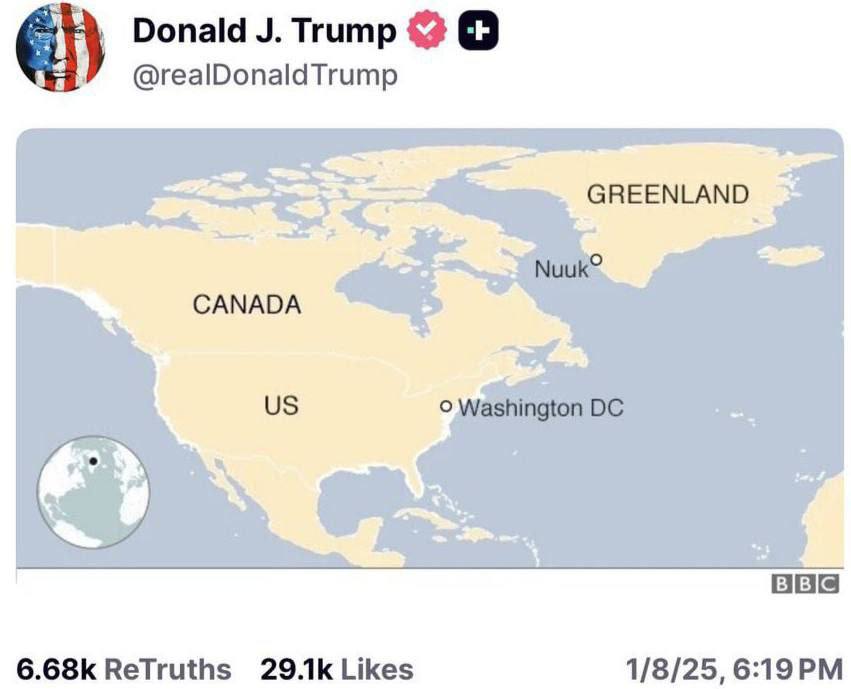 Олег Царёв: Трамп публикует своё видение новой карты США, куда входят Мексика, Канада и Гренландия