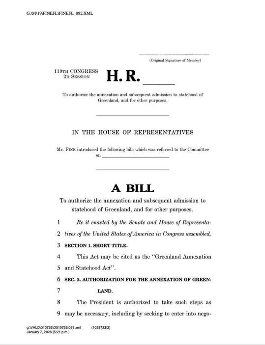 В конгресс США внесен законопроект об аннексии Гренландии и предоставлении ей статуса штата