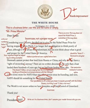 Олег Царёв: В сети расходится изображение с оценкой D+, которое эксперты поставили письму Трампа премьеру Норвегии