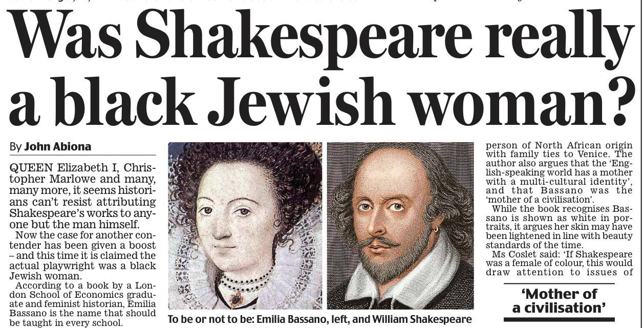 Владимир Корнилов: Вся британская пресса вовсю шумит о новом «открытии»: Шекспир, оказывается, был «черной еврейской женщиной»