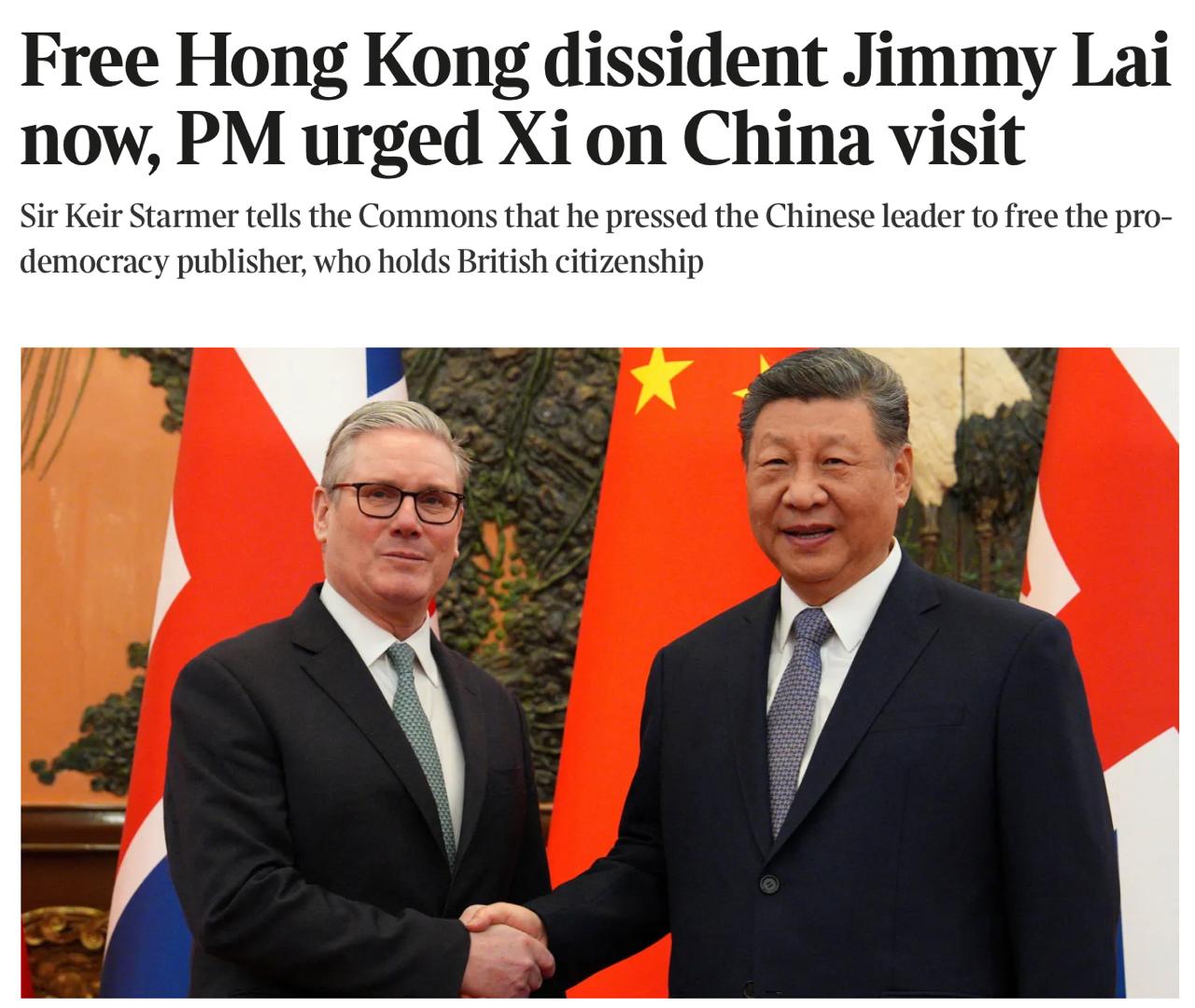 Владимир Корнилов: Премьер Британии Стармер решительно потребовал от китайского лидера Си освободить гонконгского диссидента Джимми Лая, отбывающего срок за подстрекательство к мятежу
