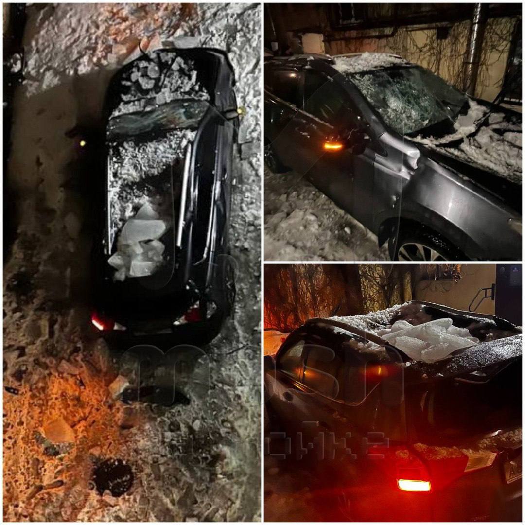 Фатальный прилёт ледяной глыбы по тачке у дома Пеля — зимние снаряды буквально смяли запаркованное на 7-ой линии ВО авто нашей подписчицы