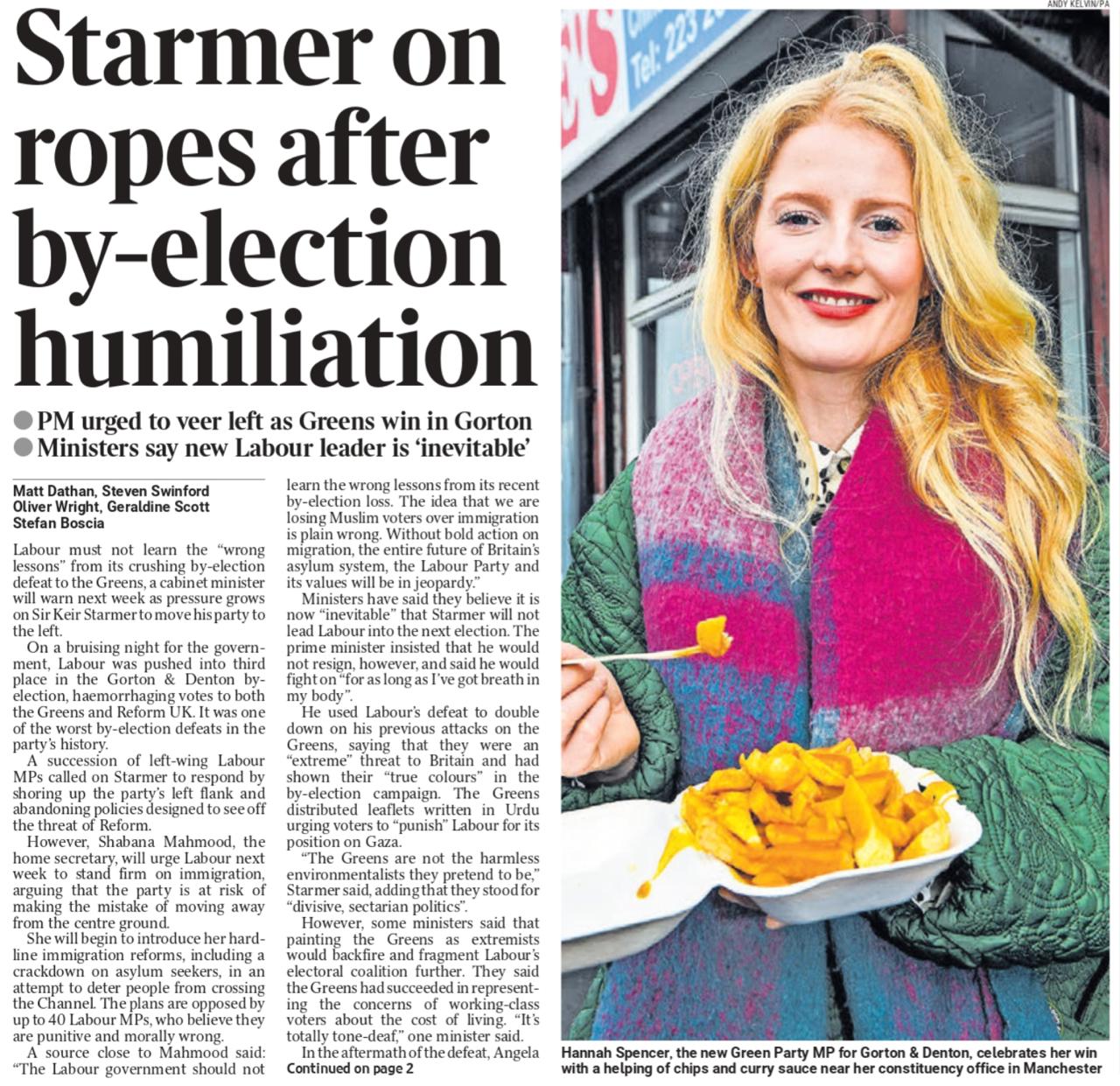 Владимир Корнилов: Само собой, первые полосы большинства британских газет сегодня посвящены вчерашнему унижению лейбористов и лично Кира Стармера на выборах в Манчестере Владимир Корнилов: Само собой, первые полосы большинства британских газет сегодня посвящены вчерашнему унижению лейбористов и лично Кира Стармера на выборах в Манчестере