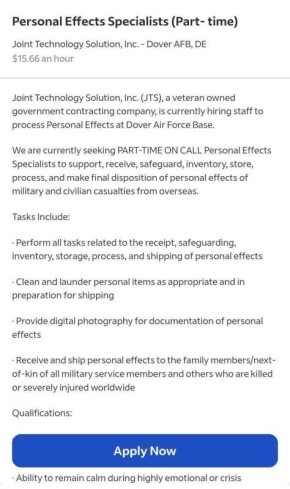 Сергей Колясников: Как интересно. Подрядчик правительства США, компания Joint Technology Solution, нанимает "специалистов по личным вещам" на авиабазе Довер для обработки вещей американских военнослужащих и гражданского...