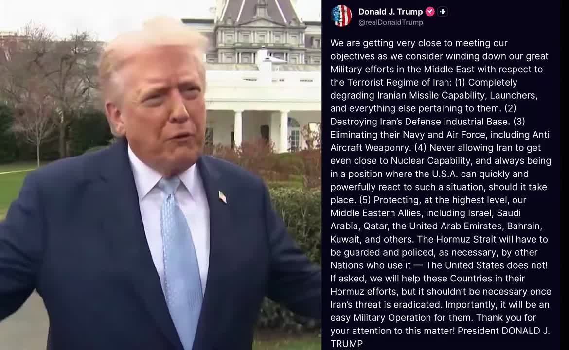 Трамп выходит из войны?. Дональд Трамп внезапно объявил, что рассматривает возможность сворачивания войны с Ираном — в своей соцсети Truth Social президент заявил, что военные цели достигнуты, и пора завершать кампанию