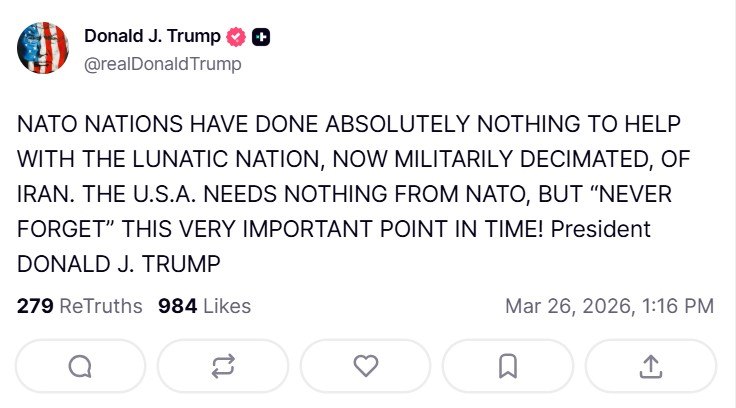 ‘США ничего не нужно от НАТО, но ‘никогда не забывайте’ этот очень важный момент времени’ – Трамп продолжает обижаться на европейских союзников за отказ помогать с Ираном