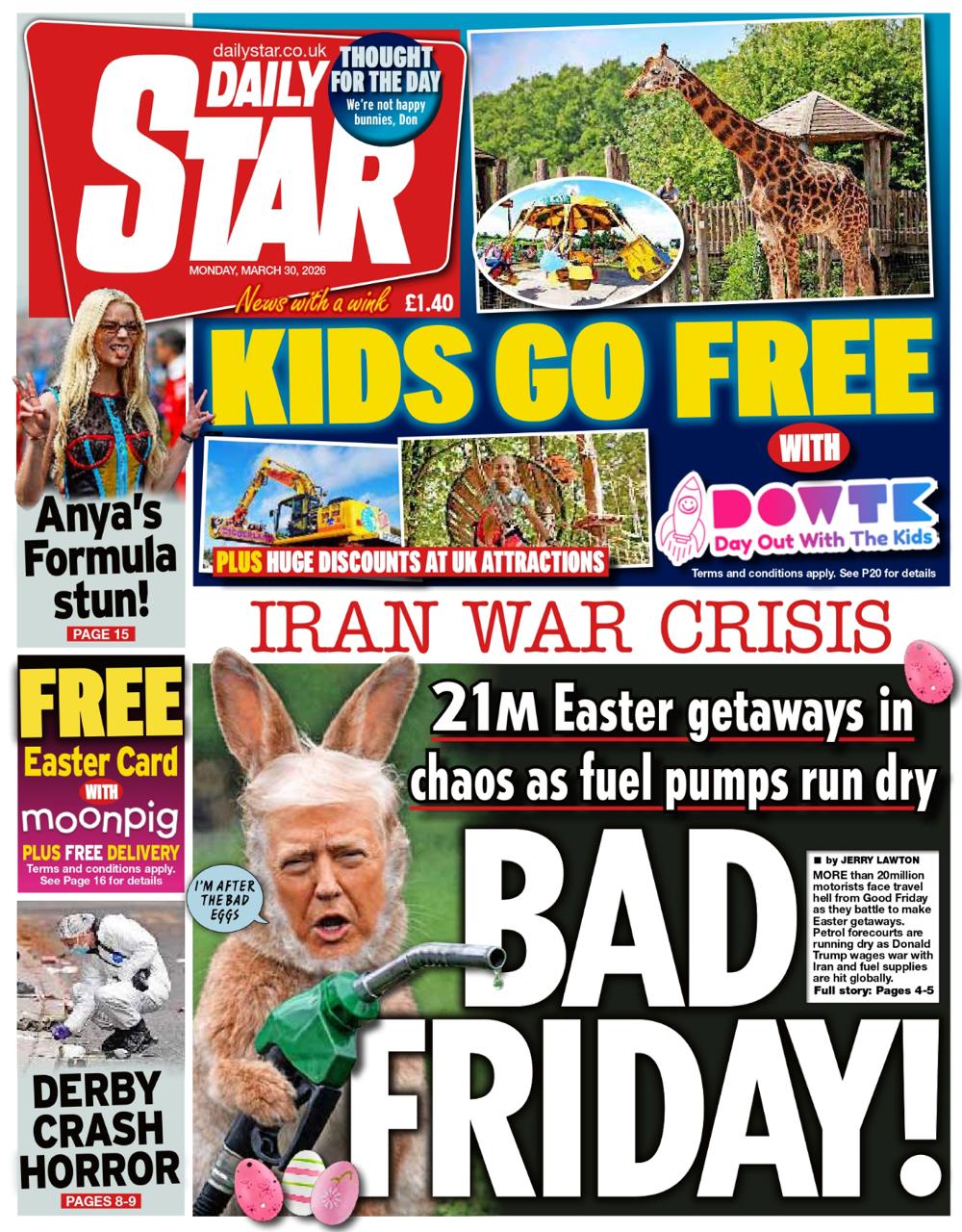 «Плохая пятница». Газета Daily Star переживает по поводу того, что на пасхальные выходные (а они там приходятся на эту неделю) в Британии ожидается хаос на дорогах и заправках