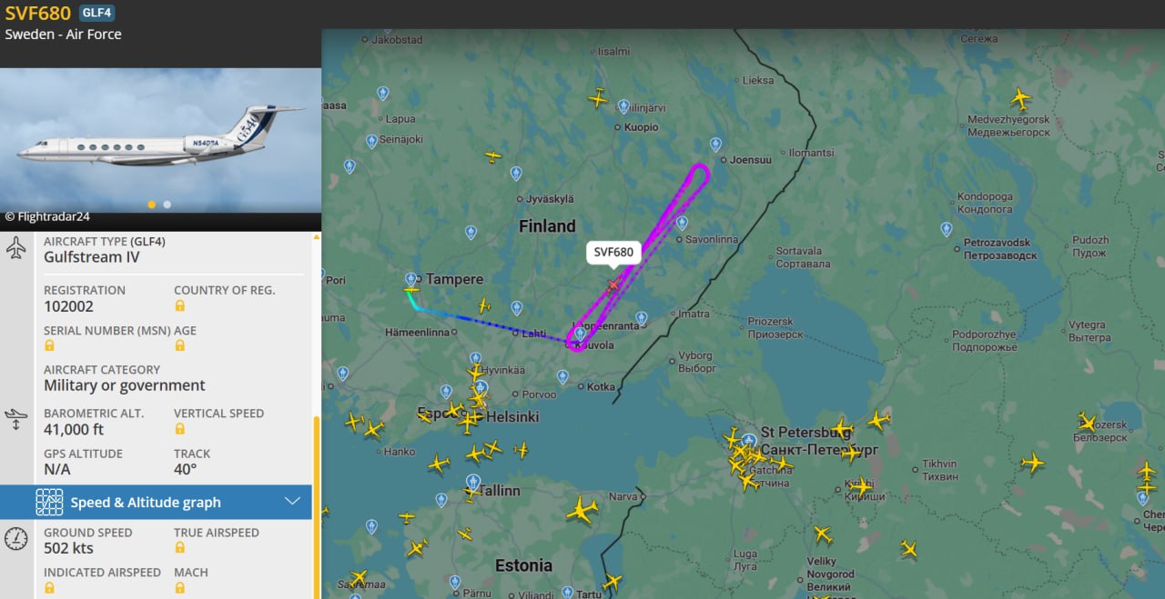 Юрий Котенок: Разведывательный борт, принадлежащий ВВС Швеции, работает вдоль русско-финской границы к северо-западу от Санкт-Петербурга
