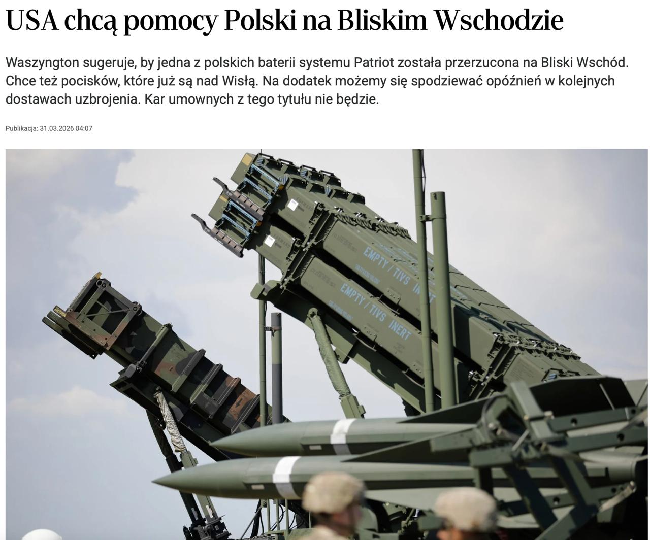 Владимир Корнилов: США просят у Польши передать в их распоряжение на Ближнем Востоке одну из двух польских батарей Patriot, а заодно и ракеты к этим системам, имеющиеся в распоряжении Войска Польского
