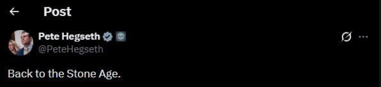 Сергей Колясников: Иран VS США в соцсети Х. Глава Пентагона Пит Хегсет пишет "Назад в каменный век", имея ввиду бомбардировки Ирана