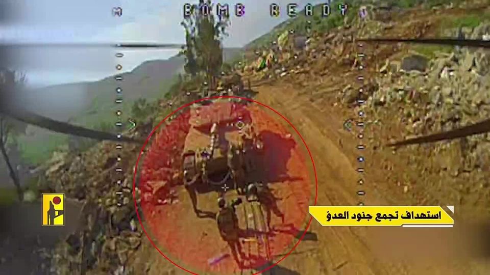 Хезболла опубликовала кадры атаки дроном FPV по скоплению израильских солдат, которые стояли около техники