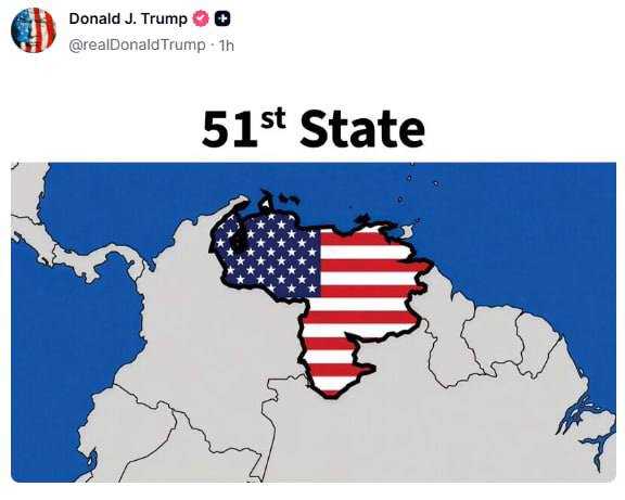 Юлия Витязева: Трамп опубликовал карту, на которой Венесуэла закрашена в цвета американского флага