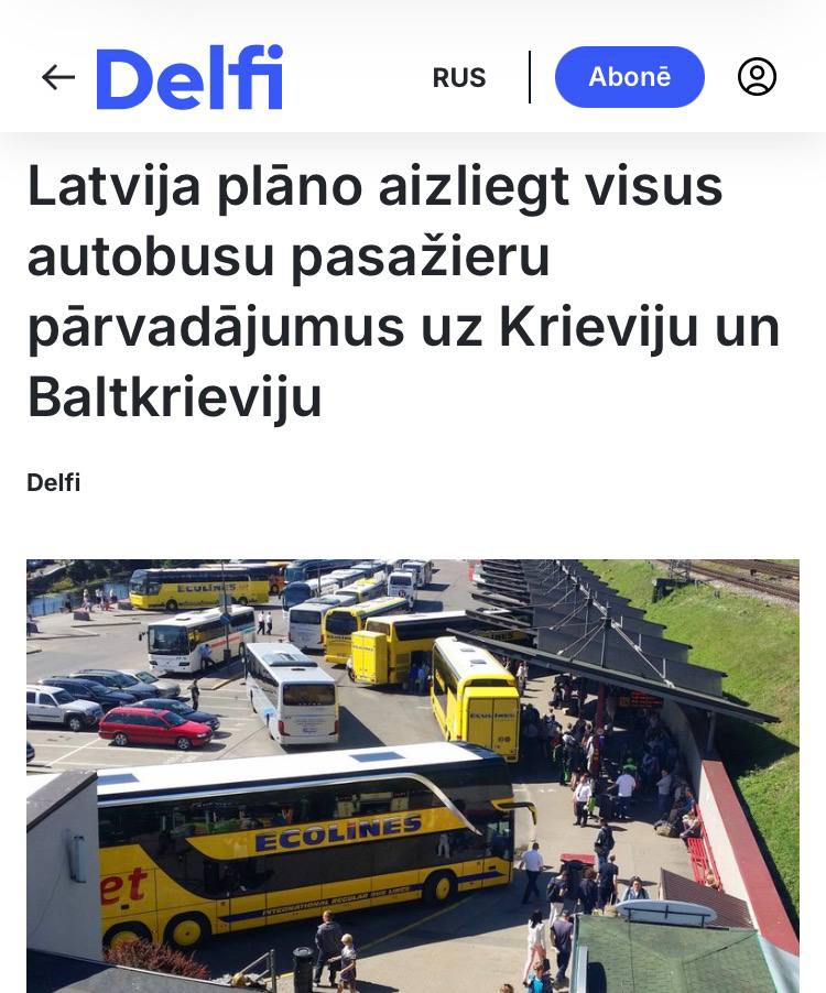 «Латвия планирует запретить все автобусные пассажирские перевозки в Россию и Беларусь»: Автобусные рейсы будут запрещены из-за «российской угрозы нацбезопасности»