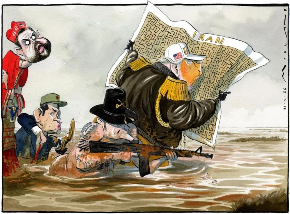 Эпический лабиринт.. Британская The Sunday Times опубликовала колоритную иллюстрацию, на которой Дональд Трамп вместе с Питером Хегсетом, Джей Ди Вэнсом и Марко Рубио пробираются через запутанные лабиринты иранского кризиса