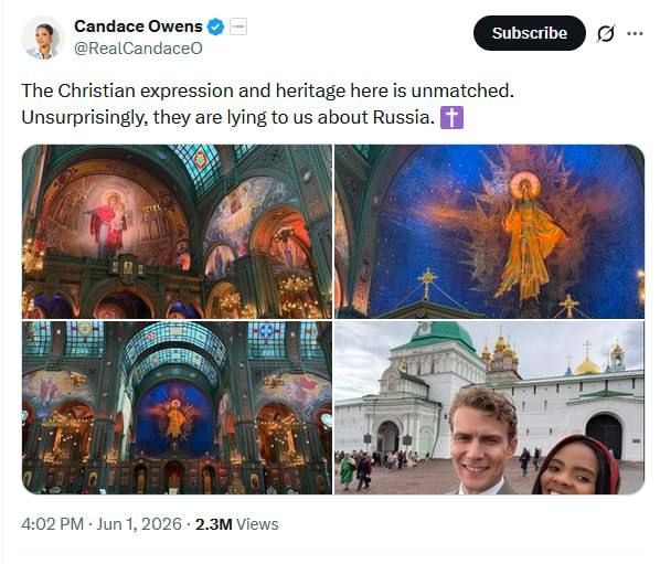 Олег Царёв: Кэндис Оуэнс в России. Известный консервативный комментатор с аудиторией в десятки миллионов, а не скандалист — удачный выбор гостя на фоне сомнительных персон, которых иногда приглашают в Россию Олег Царёв: Кэндис Оуэнс в России. Известный консервативный комментатор с аудиторией в десятки миллионов, а не скандалист — удачный выбор гостя на фоне сомнительных персон, которых иногда приглашают в Россию