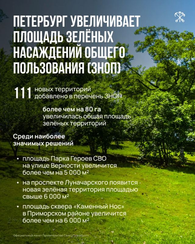 В Петербурге станет больше парков и скверов: площадь зелёных территорий увеличилась более чем на 80 га. Изменения в городской Закон «О зелёных насаждениях общего пользования» подписал губернатор Александр Беглов