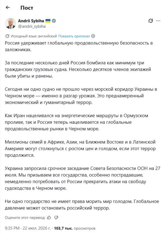 Александр Коц: Украина обвинила Россию в продовольственном терроре